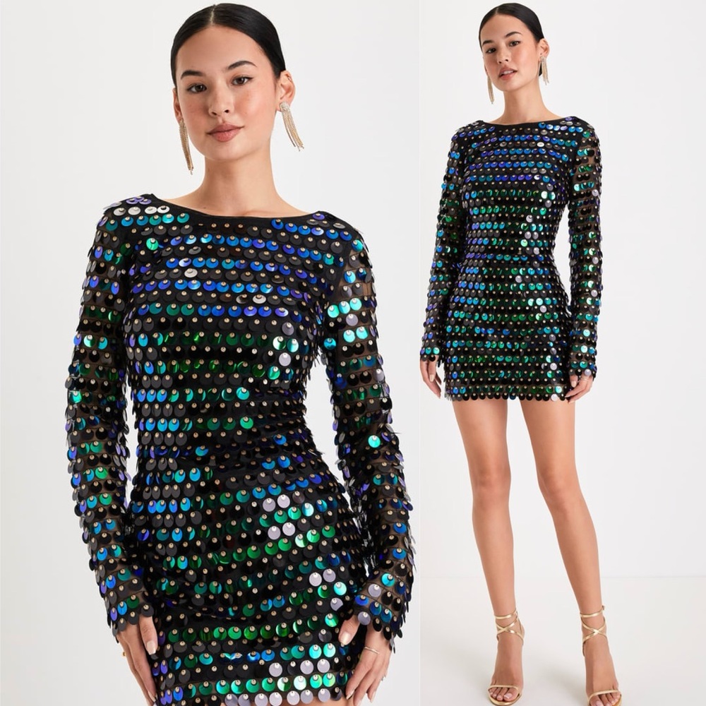 Lulu's Exceptional Radiance Black Multi Iridescent Sequin Backless Mini Dress